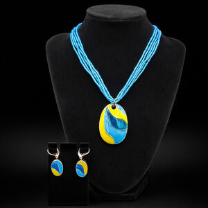 Blue & Lime Enamel Pendant Necklace Set – 18” Multi-Strand Beads and Earrings